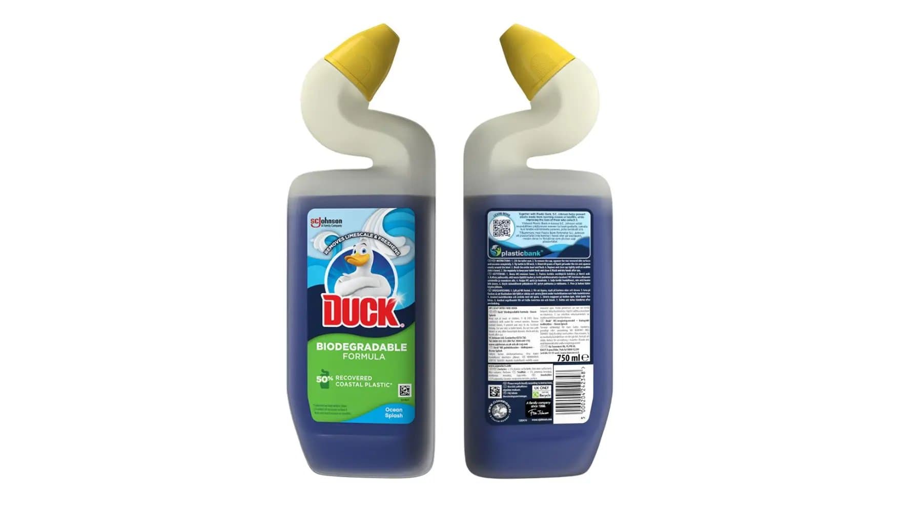 Two bottles of Duck toilet cleaner with yellow angled caps are shown. The label features a duck and reads "BIODEGRADABLE FORMULA, 50% RECOVERED COASTAL PLASTIC", "Ocean Splash", and "750 ml".