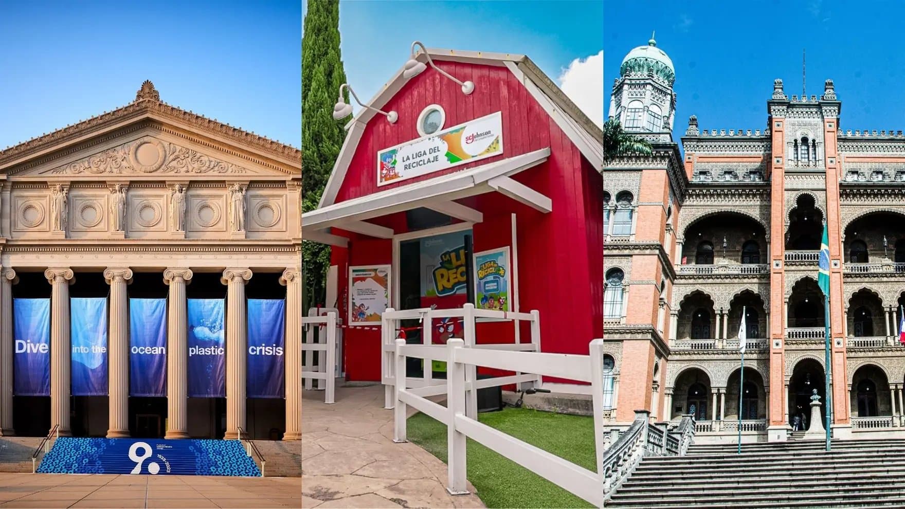 Classical building with columns displays "Dive into the ocean plastic crisis." Red structure labeled "La Liga del Reciclaje." Ornate brick building features arches and steps in a sunny setting.