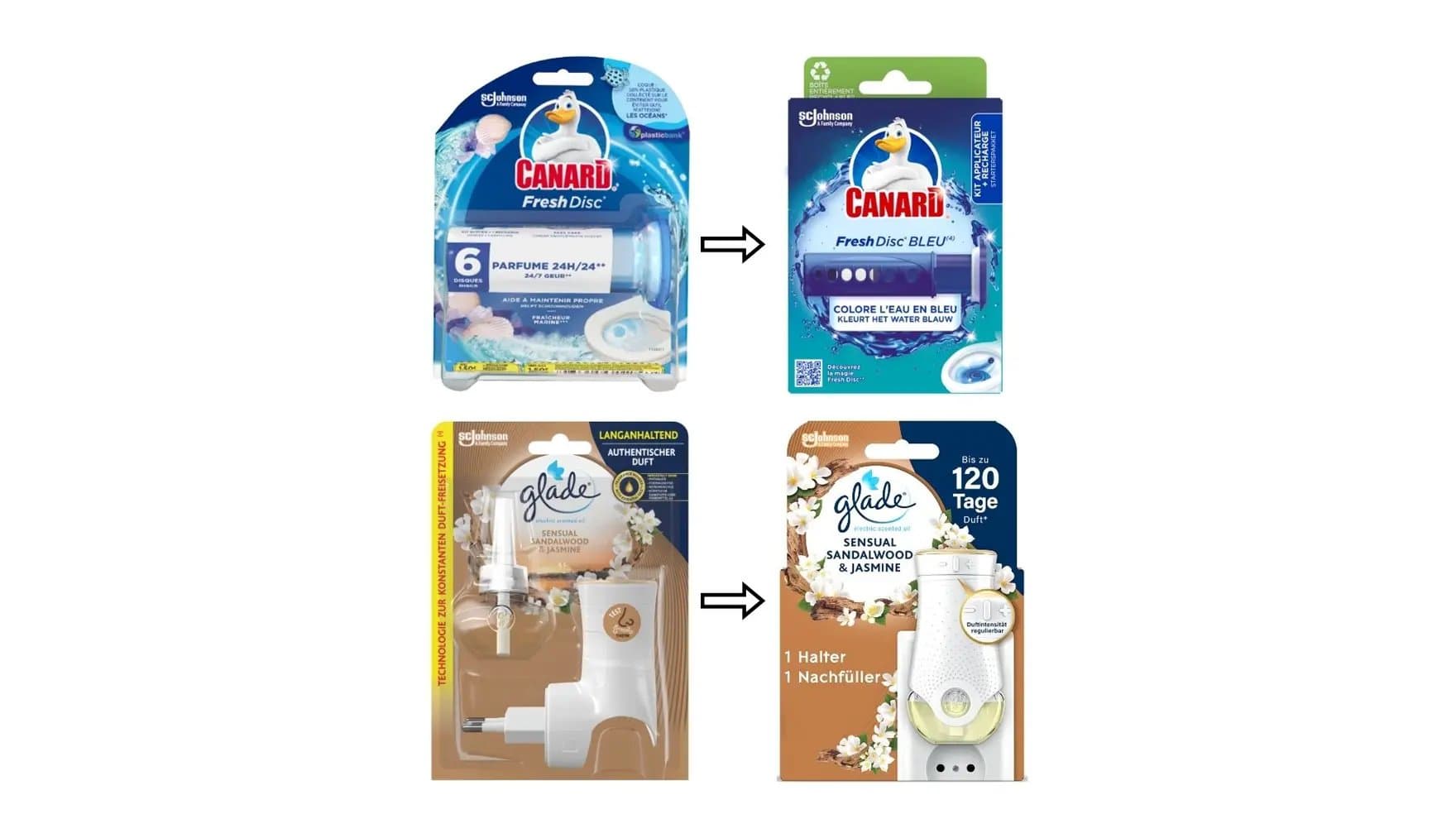 Two pairs of cleaning product packages are shown. The first pair features "Canard Fresh Disc," and the second, "Glade Sensual Sandalwood & Jasmine." Arrows indicate updated packaging designs for both.
