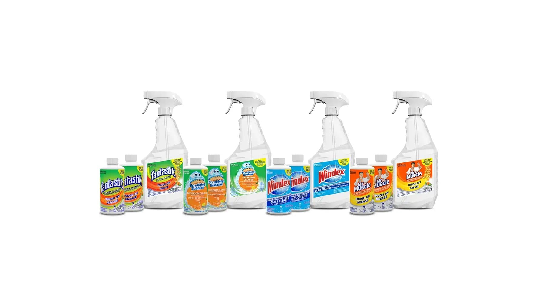 Household cleaning products arranged side by side; includes Fantastik Kitchen Cleaner, Scrubbing Bubbles Bathroom Cleaner, Windex Glass Cleaner, and Mr. Muscle. White background, colorful labels, trigger spray bottles, and capped bottles.