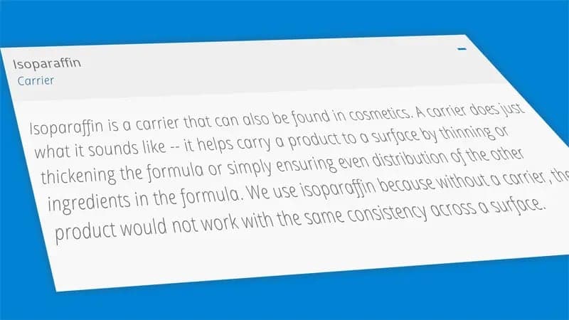 Text on a white card describes "Isoparaffin" as a cosmetic carrier, explaining its role in thinning, thickening, and ensuring even distribution of formulas for consistent application on surfaces.