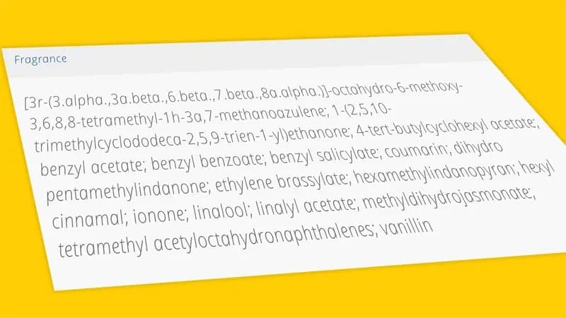 Chemical names are listed under the title "Fragrance" on a tilted notecard. The background is a bright yellow. Text includes multiple complex chemical compounds primarily used in fragrances.