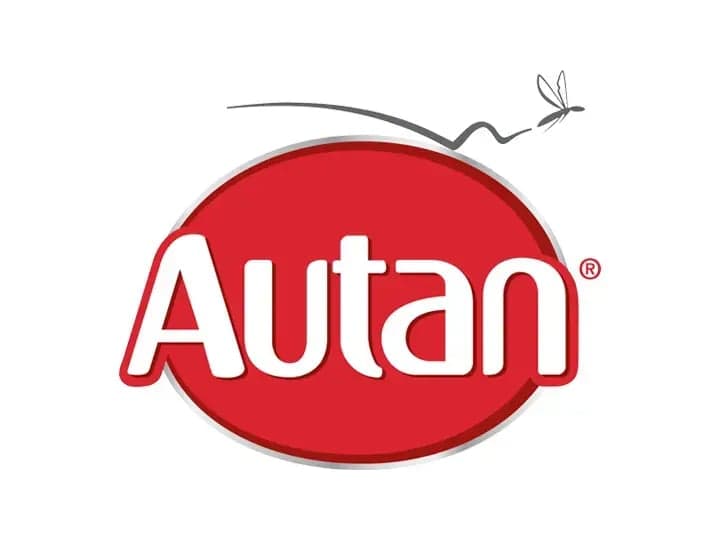 The image features a red oval logo with the text "Autan" in white. Above the text is a small, stylized line depicting a flying mosquito.