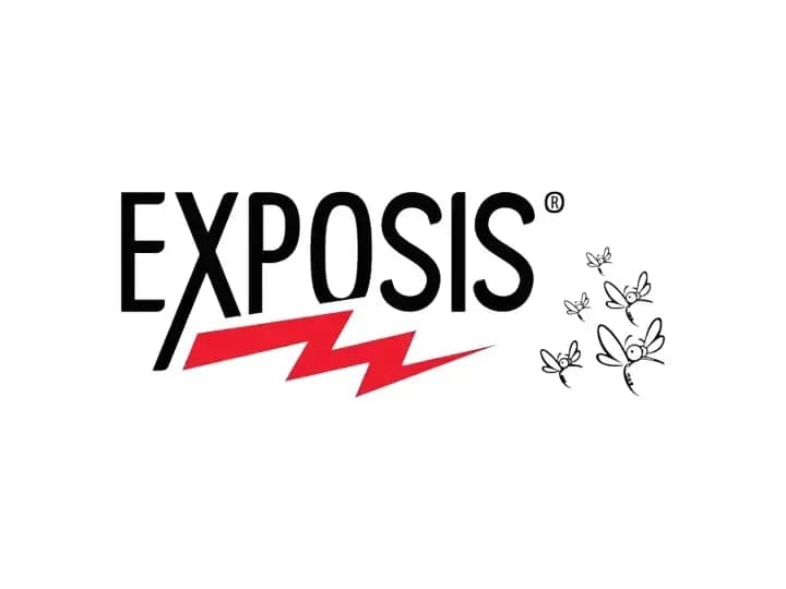The word "EXPOSIS" is bolded with a red zigzag line beneath it. To the right, several cartoon mosquitoes fly against a plain white background.