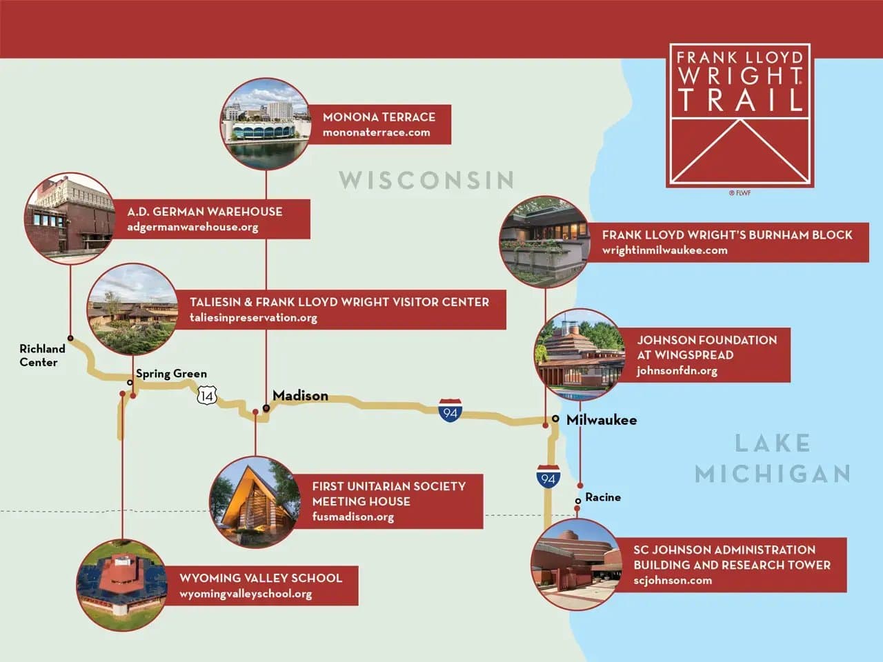 A map of Wisconsin indicates the "Frank Lloyd Wright Trail," highlighting key locations: Monona Terrace, A.D. German Warehouse, Taliesin, First Unitarian Society Meeting House, Wyoming Valley School, Burnham Block, Johnson Foundation at Wingspread, and SC Johnson Administration Building. Websites for each are included.