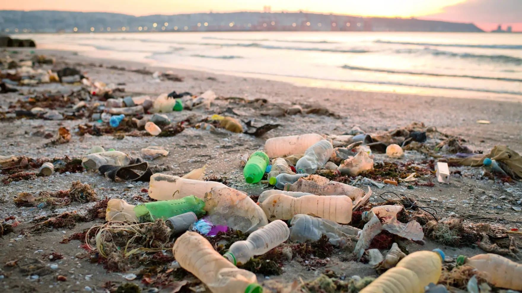 Plastic bottles and trash are scattered along a beach, littering the sand amidst seaweed and debris, with a calm ocean and distant city skyline visible at sunset.