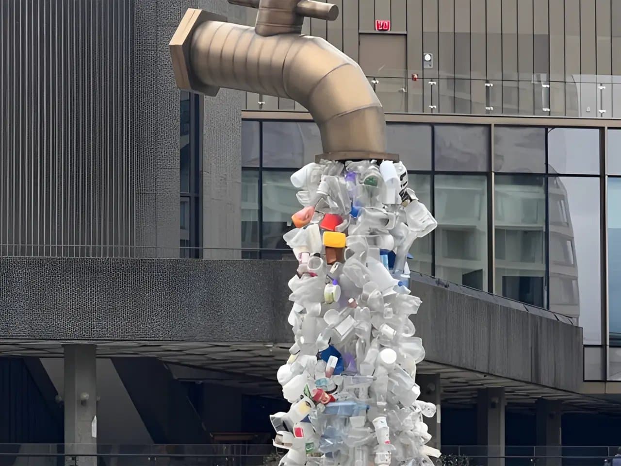 A large faucet sculpture appears to pour a stream of plastic bottles and containers, with an office building facade in the background, illustrating environmental concerns.