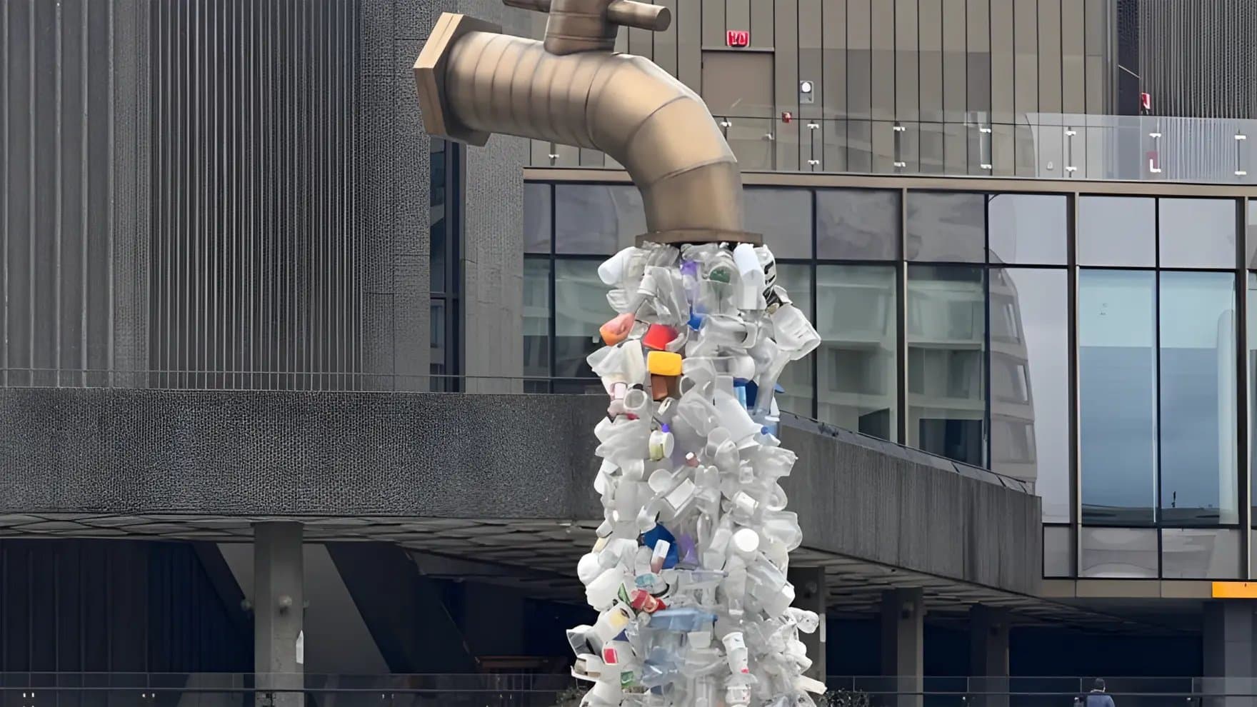 A massive faucet sculpture appears to pour plastic bottles and containers, cascading downwards, juxtaposed against a modern building with glass and textured walls.