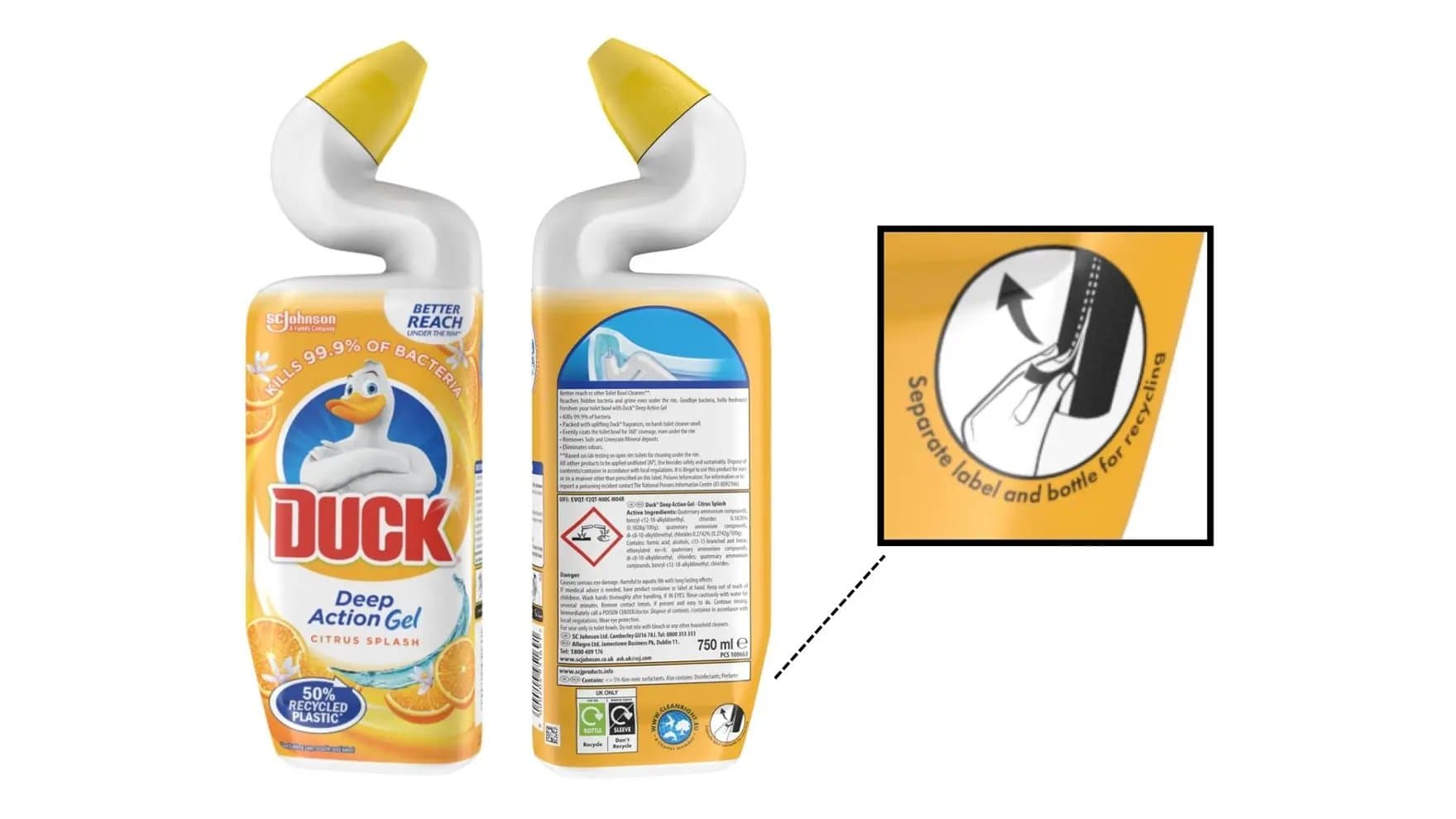 A bottle of Duck Deep Action Gel Citrus Splash, featuring a duck image and text "Kills 99.9% of bacteria." It's designed for toilet cleaning with a recyclable label. Contains 750 ml.