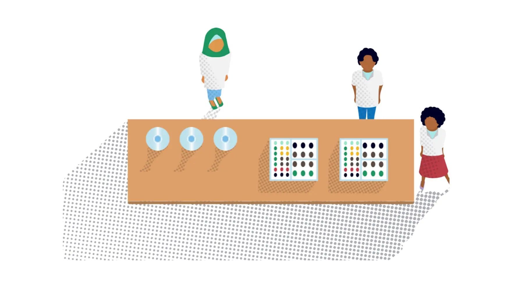 A table displays CDs and two colorful pattern sheets. Three people, one wearing a green headscarf, stand around the table in a white, patterned room.