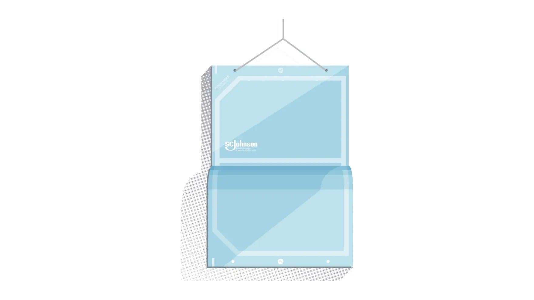 A blue hanging file folder displays "SC Johnson" text in a simple, white font. It is suspended by two lines, with a folded section below, against a plain white background.