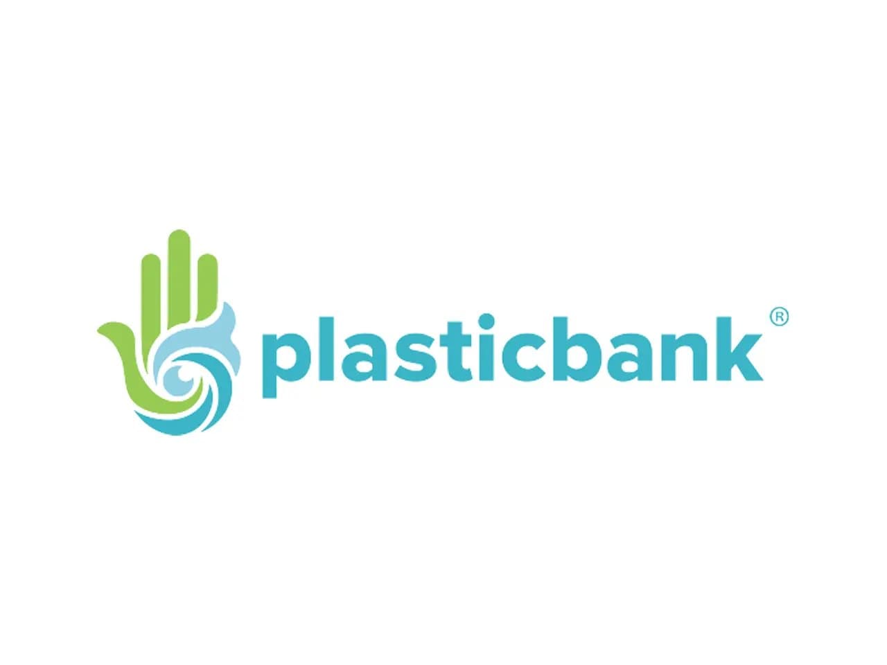 A stylized logo features a green and blue hand with a swirl, beside blue text reading "plasticbank®," on a white background.