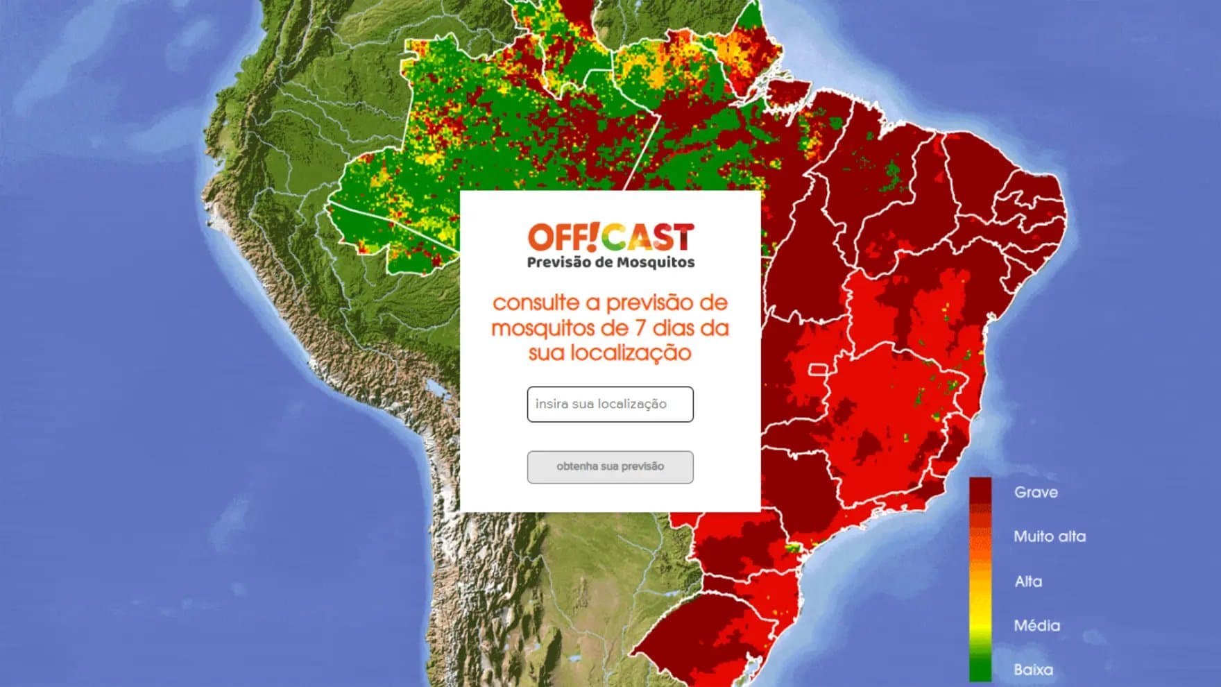 A map of Brazil colored by mosquito activity intensity, ranging from low (green) to severe (dark red). Central interface shows text: "OFF!CAST Previsão de Mosquitos: consulte a previsão de mosquitos de 7 dias da sua localização," with fields for location input and forecast retrieval.