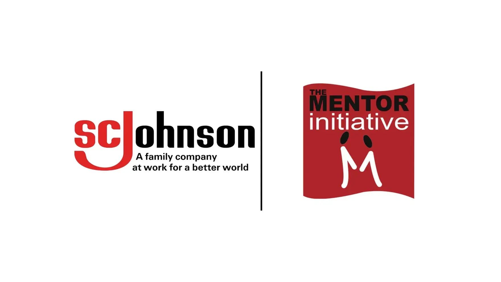 Two logos separated by a vertical line. Left: "SC Johnson, a family company at work for a better world." Right: "The Mentor Initiative" with two stylized figures on a red background.