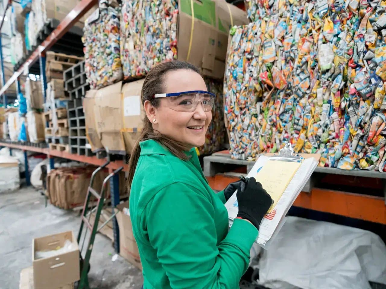 A person wearing safety goggles and gloves writes on a clipboard while standing in a warehouse. They are surrounded by stacked bales of compressed recyclable materials.