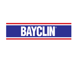 The image shows the word "BAYCLIN" in white, bold letters centered in a blue rectangle with red and white borders, against a black background.