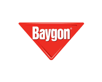 A red inverted triangle with the word "Baygon" in bold white letters centered inside. The background is plain and solid black.