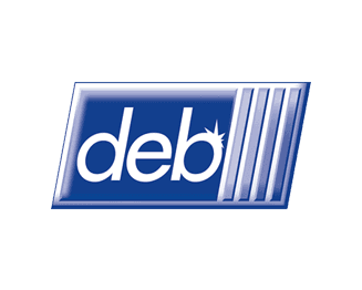 A blue rectangular logo displays the word "deb" in white lowercase letters, with three vertical lines and a starburst on the right side, set against a simple background.