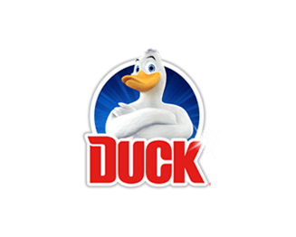 A cartoon duck with crossed wings confidently stands against a blue circle background. Below, bold red text reads, "DUCK."