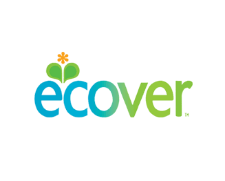 The word "ecover" is displayed in lowercase, with "eco" in blue and "ver" in green. Above the letters, there's a stylized flower icon with green leaves and an orange blossom."