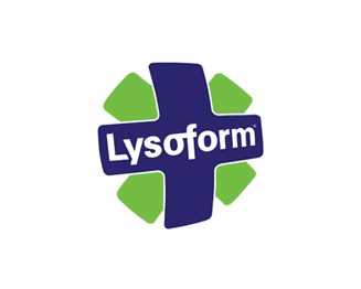 The image features a blue cross with the word "Lysoform" in white text across it, set against a backdrop of four green oval shapes extending from each side.