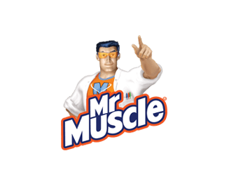 A muscular cartoon man in a lab coat points forward, wearing orange goggles. Below him, the text reads "Mr Muscle" in bold letters. The background is plain white.