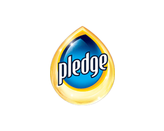 A yellow drop-shaped logo features the word "pledge" in white bold letters set against a blue circle. The design is outlined with a glowing effect, emphasizing the brand name.