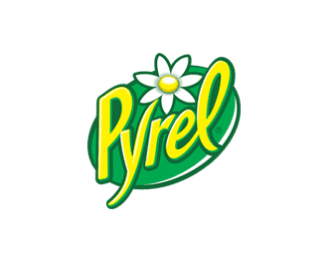 The logo features the word "Pyrel" in yellow, with a white daisy on top, centered on a green leaf background.