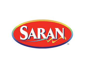 Logo featuring the word "SARAN" in bold white letters on a red oval background, outlined with a yellow and blue gradient, with a multicolored swoosh beneath the text.