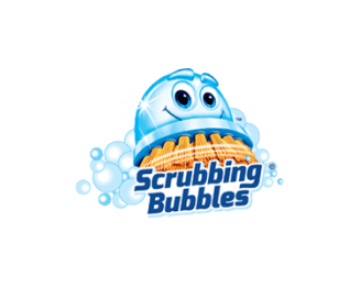A cartoon blue bubble character with eyes and a scrub brush mouth, surrounded by smaller bubbles. Text reads "Scrubbing Bubbles" beneath the character.