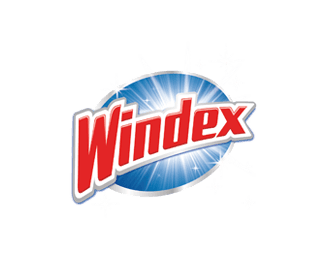 The "Windex" logo features bold red text over a blue, starburst background, creating a dynamic impression of cleanliness and brightness.