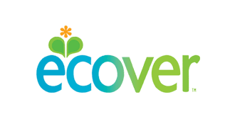 The word "ecover" is displayed in lowercase, with "eco" in blue and "ver" in green. Above the letters, there's a stylized flower icon with green leaves and an orange blossom.