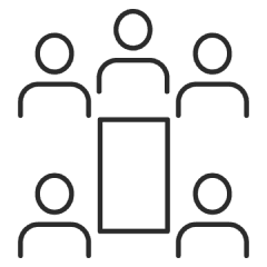 Five simple humanoid figures are arranged around a rectangle representing a table, suggesting a meeting or group discussion setting. The figures are drawn in a minimalistic, line-art style.
