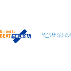 Logos of two organizations appear side by side. On the left: "United to Beat Malaria" in orange and blue. On the right: "United Nations Foundation" in blue with a laurel branch.