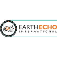 Logo with a circular design featuring a turtle around an orange globe on the left. To the right, the text reads "EARTHECHO INTERNATIONAL." The background is white with a teal line.