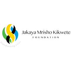 Logo with interlocking blue, yellow, green shapes forming a swoosh. Text reads "Jakaya Mrisho Kikwete Foundation" beside it. Below the swoosh: "Transforming Lives" in a circular layout.