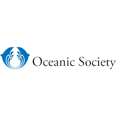 Logo features stylized dolphins forming a circle above a wave, set against a blue background. The text reads "Oceanic Society" in black, positioned to the right of the image.