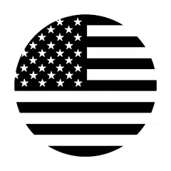 A circular design featuring a black and white stylized American flag, with stars in the upper left quadrant and alternating stripes, set against a plain white background.