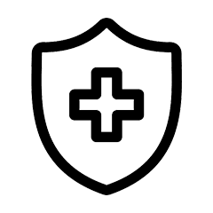 A shield symbol featuring a cross is centered, representing health or medical protection, with no additional context or background elements.