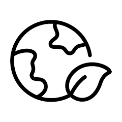 A planet, depicted with simple lines representing continents, is framed by an overlapping outline of a leaf, symbolizing environmental consciousness and sustainability. The background is plain.