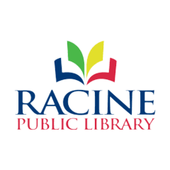 Logo features an open book with multicolored pages in blue, green, yellow, and red. Below, bold text reads "RACINE PUBLIC LIBRARY" in blue and red letters against a white background.