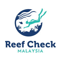 A blue circle depicts a snorkeler swimming above coral and fish. Below, text reads: "Reef Check MALAYSIA."