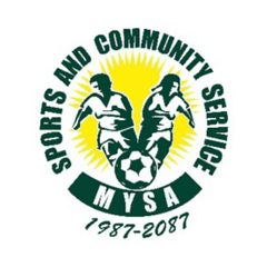 Two soccer players run with a ball, surrounded by a sunburst. Text reads: "SPORTS AND COMMUNITY SERVICE MYSA 1987-2087."