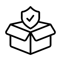 An open box displays a shield with a checkmark, symbolizing security or approval. The illustration is simple, utilizing bold lines, against a plain white background.