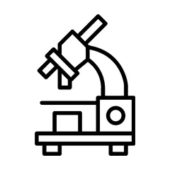 A simple black line drawing of a microscope, positioned facing left, shown on a plain white background. The microscope features a base, stage, arm, and an eyepiece tube.