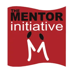 The logo features stylized text stating "THE MENTOR initiative" above two abstract human figures resembling an "M" on a red background.