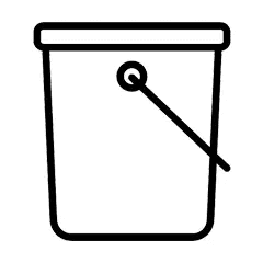 A simple black-and-white line drawing of a bucket with a handle, shown from the side. The design is minimalistic, featuring thick consistent lines.