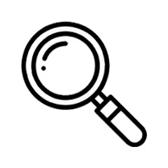 A simple black and white icon depicts a magnifying glass at an angle, suggesting searching or examining, against a plain white background.