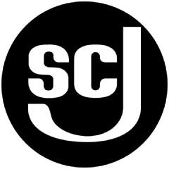 Logo displaying stylized white letters "SCJ" on a black background; letters are bold and connected, forming a unified design.